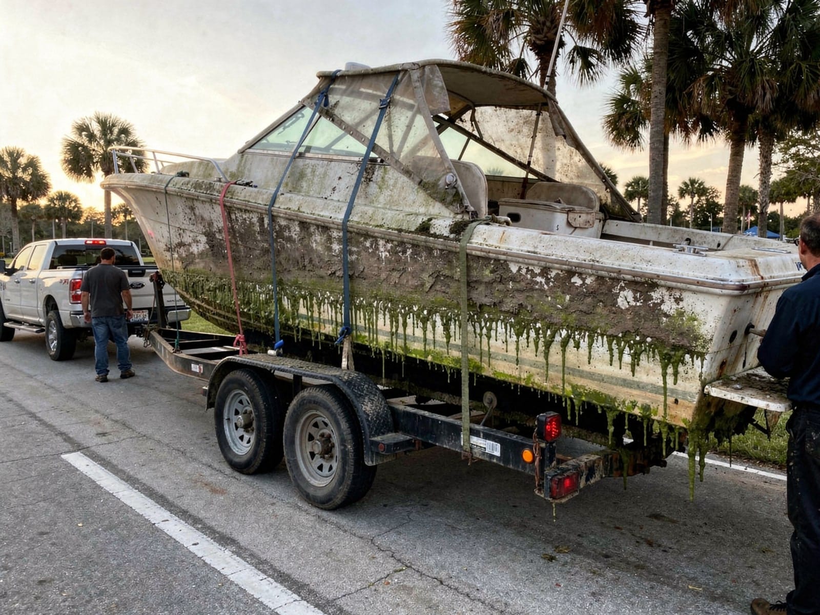 28 ft Bertram 28 hauled out of Alachua, FL on a trailer after the recovery