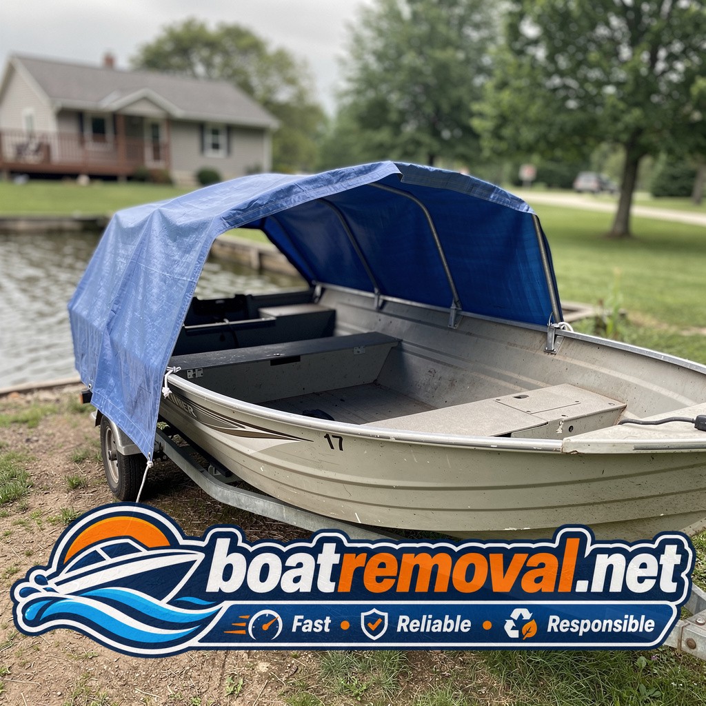 17-foot Crestliner fishing boat sitting under a tarp near a lake property outside Angola, Indiana