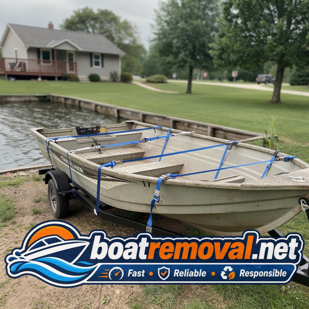 Crestliner fishing boat loaded onto a trailer after an estate pickup near Angola, Indiana