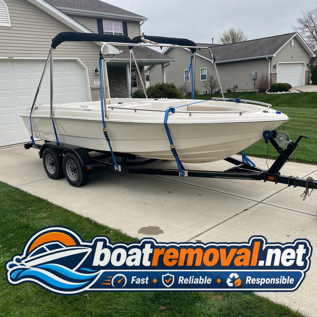 Glastron bowrider loaded onto a trailer after a driveway pickup in Ankeny, Iowa