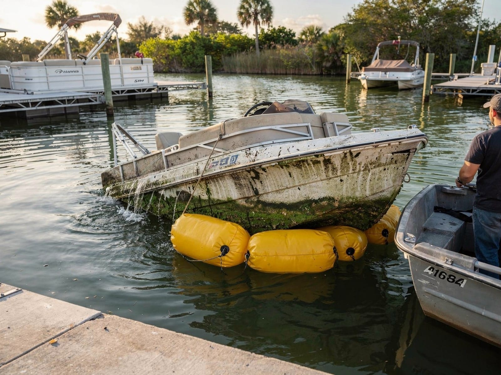 24 ft Harris FloteBote 24 raised by lift bags in Apopka, FL