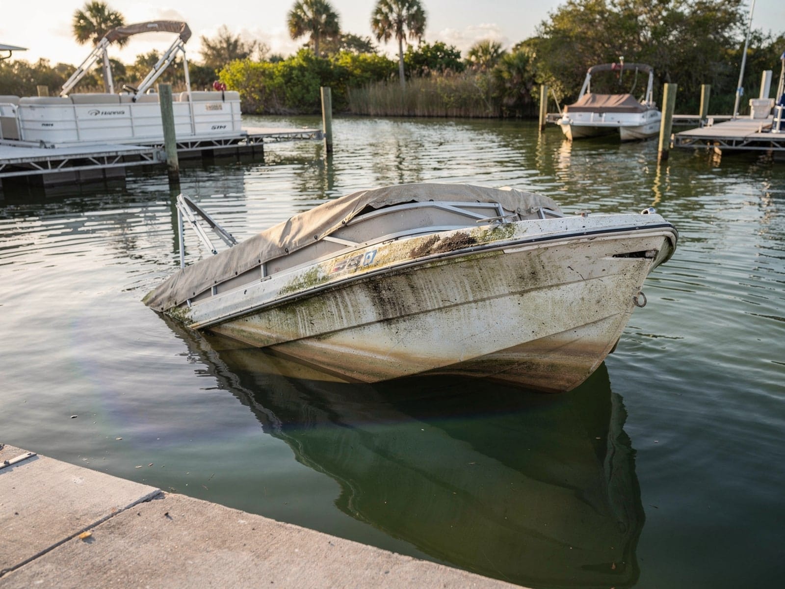 Sunken boat recovery in Apopka, FL: before Sunken 24 ft Harris FloteBote 24 by a boat ramp in Apopka, FL