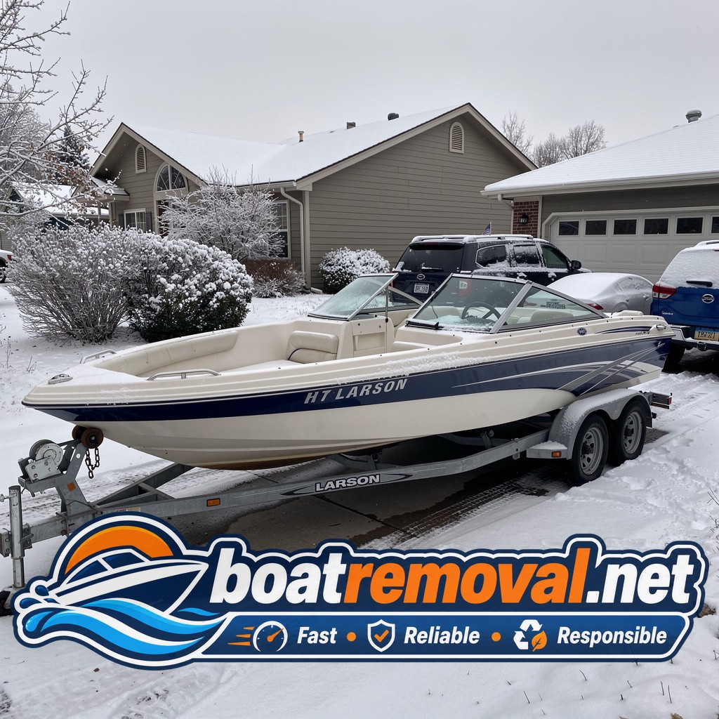 17-foot Larson bowrider uncovered in a snowy driveway in Arvada, Colorado
