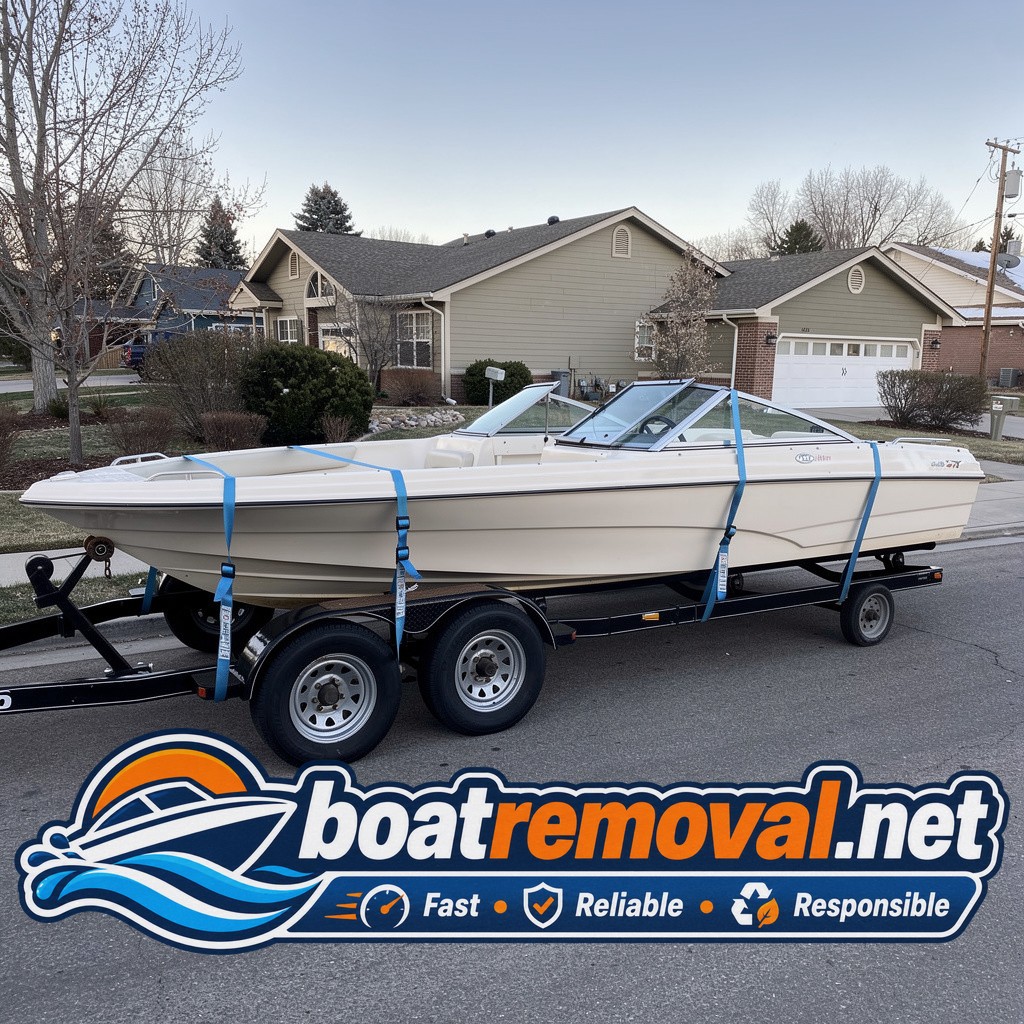 Larson bowrider loaded onto a trailer after driveway pickup in Arvada, Colorado
