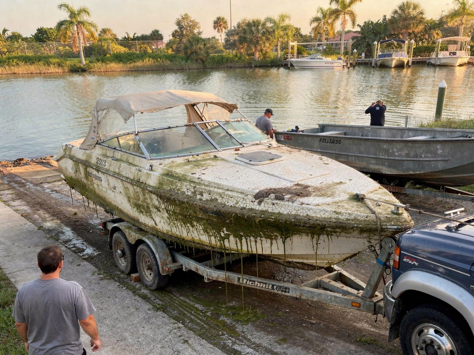 Sunken boat recovery in Auburndale, FL: pulled out at the ramp 23 ft Rinker 232 pulled out on a trailer at a Auburndale, FL boat ramp