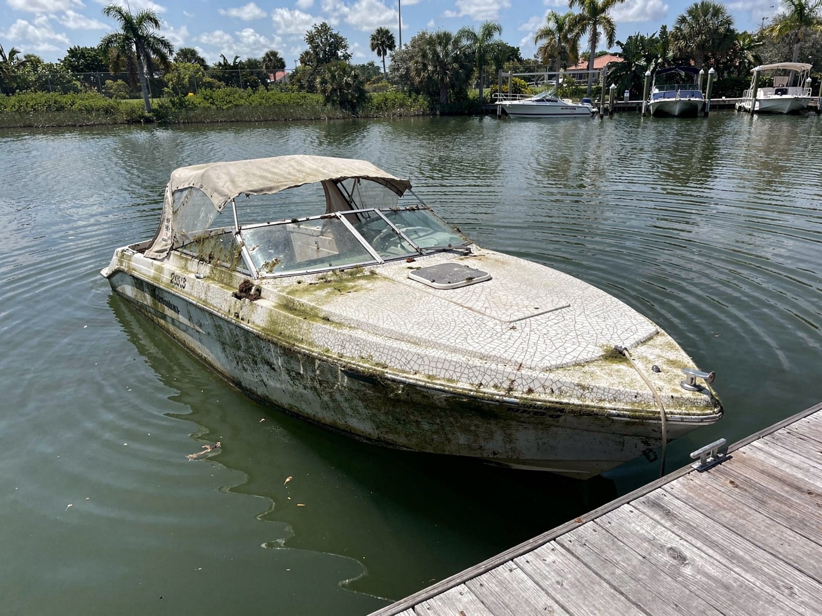 Sunken boat recovery in Auburndale, FL: before Sunken 23 ft Rinker 232 at a lake dock in Auburndale, FL