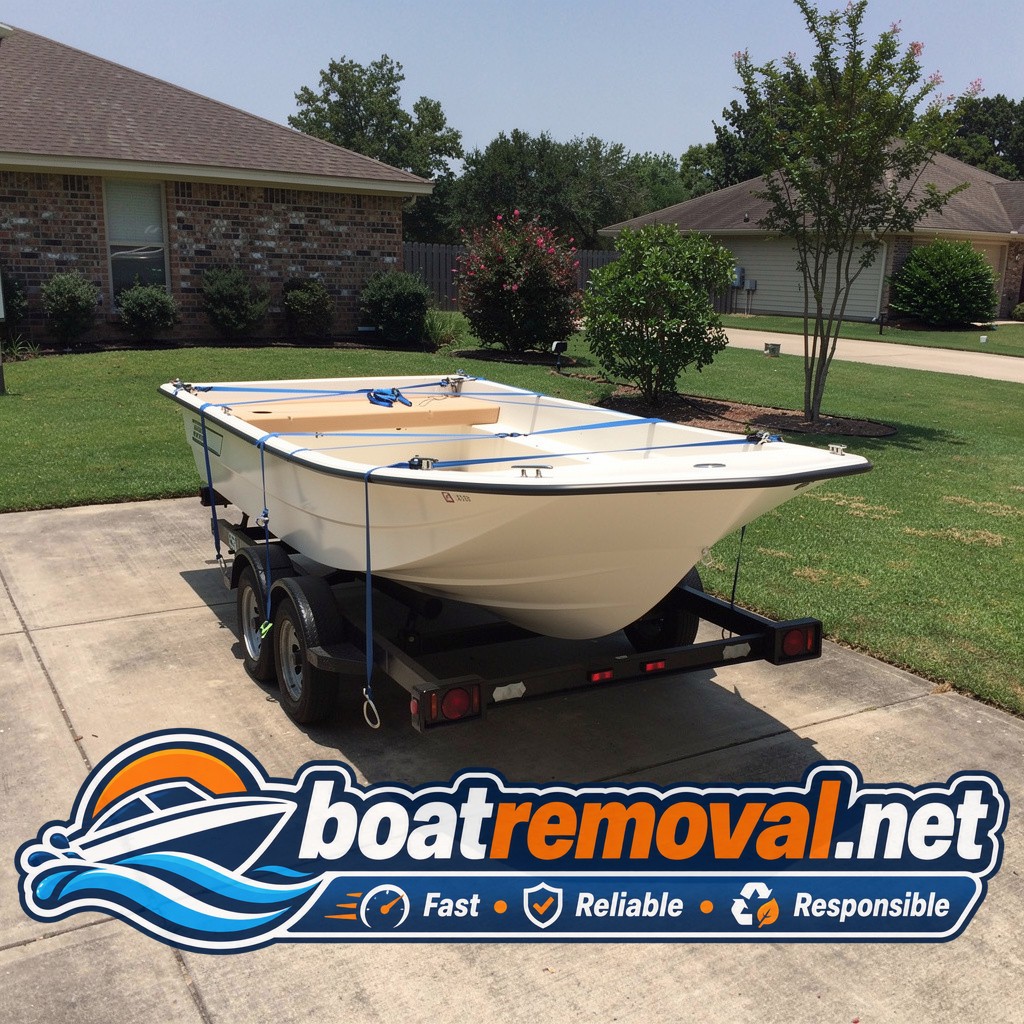 Boston Whaler skiff loaded onto a trailer after a driveway pickup in Baton Rouge, Louisiana