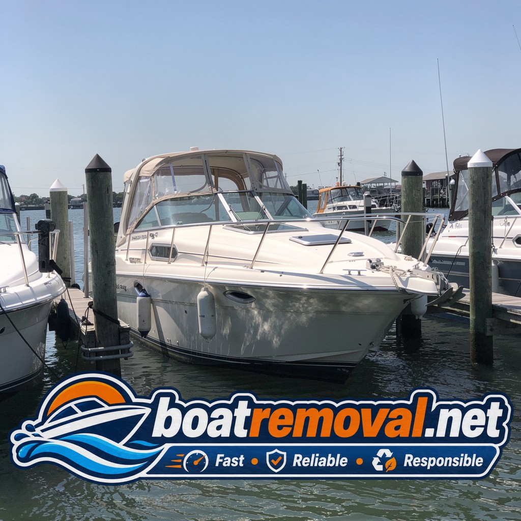 marina boat removal Bay Shore NY, 32 ft Sea Ray cabin cruiser in slip