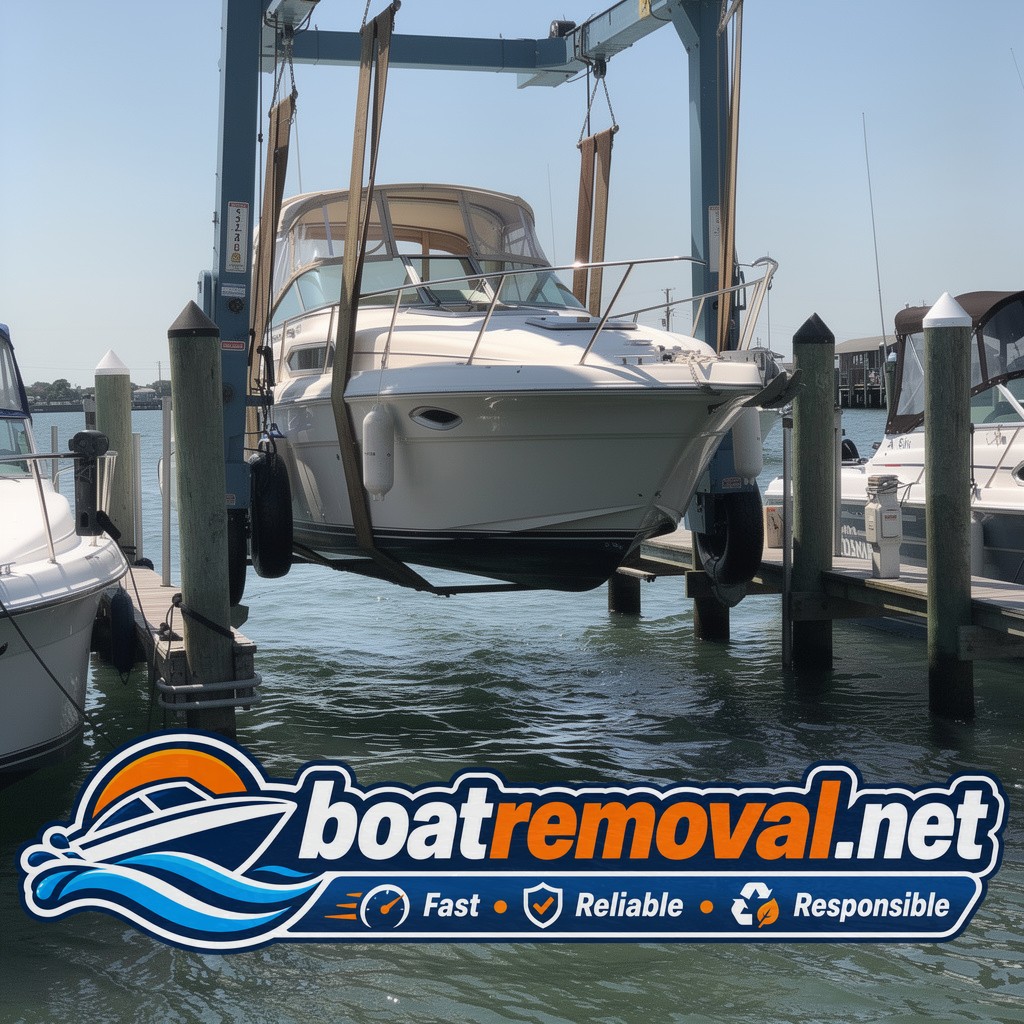 32 ft Sea Ray cabin cruiser loaded for removal, Bay Shore New York