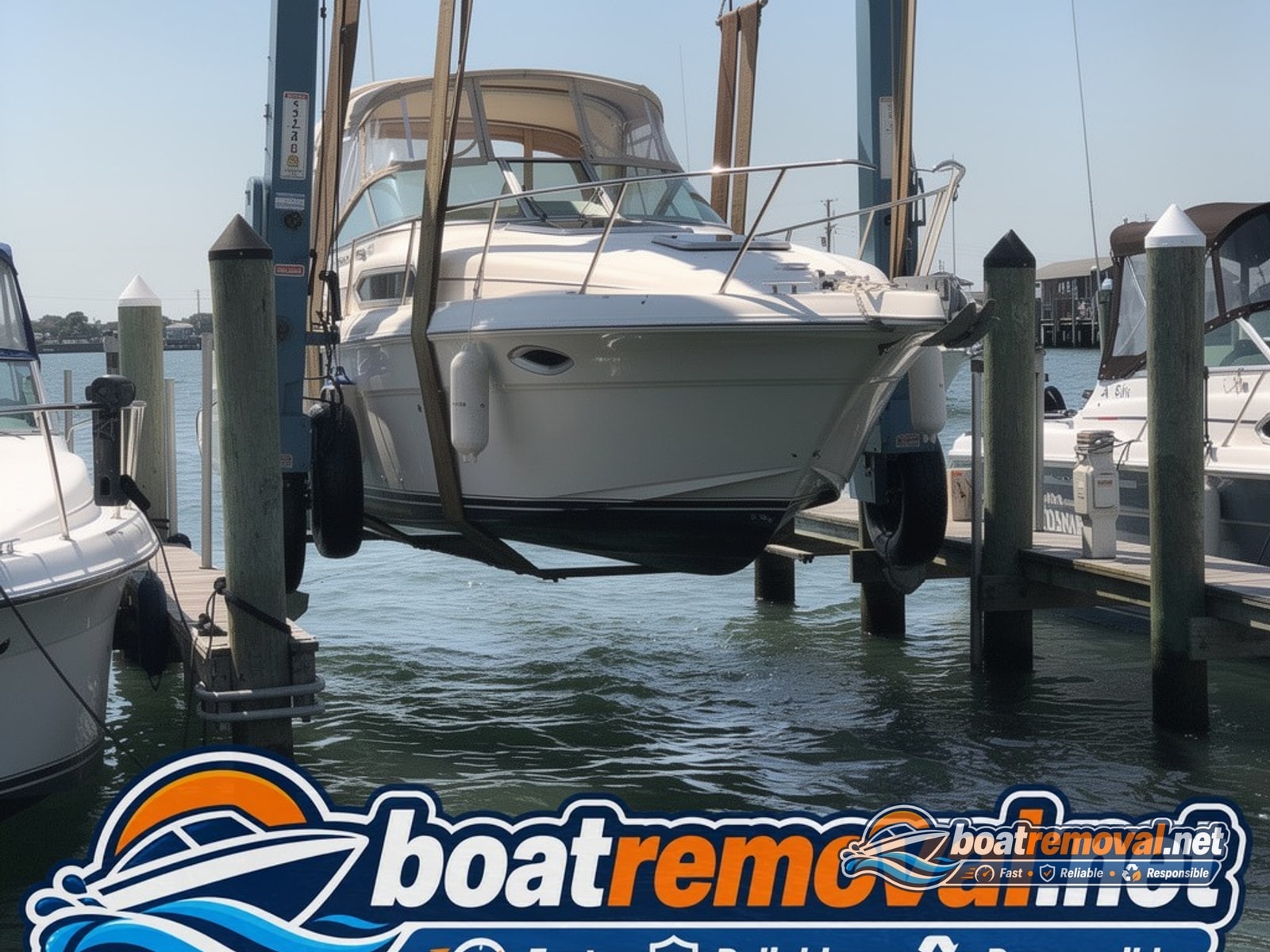 Bay Shore, NY: 32 ft Sea Ray cabin cruiser loaded for removal 32 ft Sea Ray cabin cruiser loaded for removal, Bay Shore New York