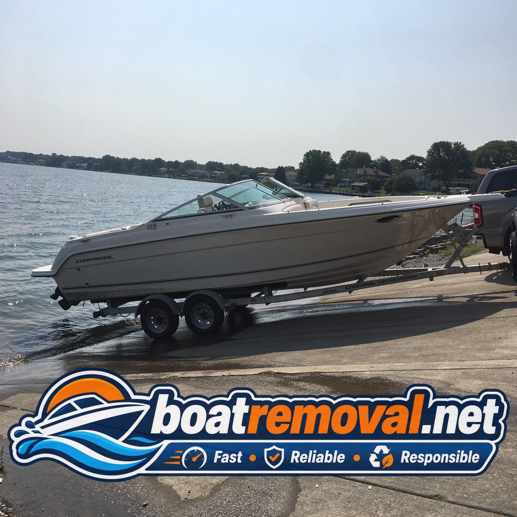 boat hauling Bay Village OH, 28 ft Chaparral cuddy cabin at boat ramp
