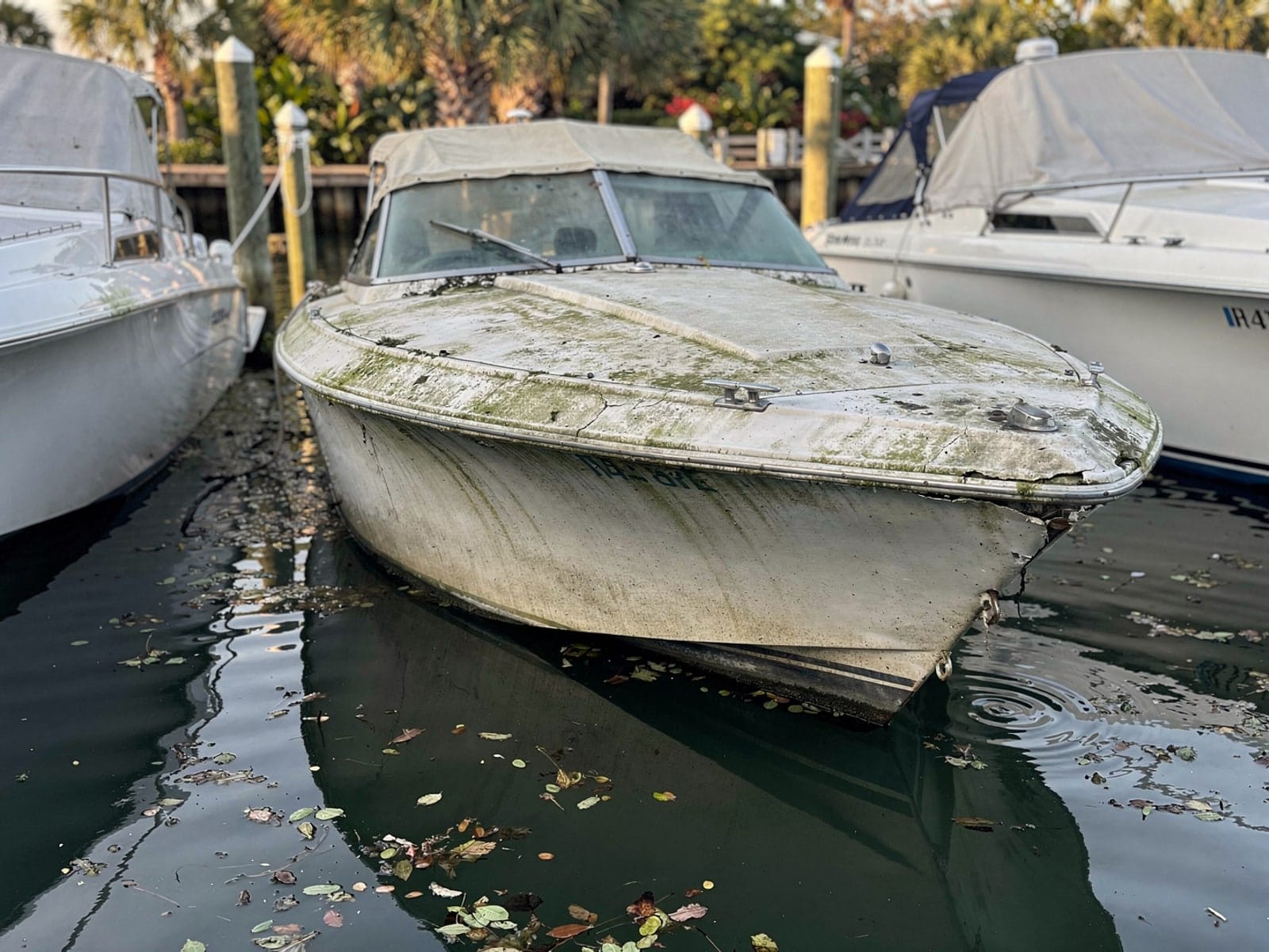 Sunken boat recovery in Bee Ridge, FL: before Sunken 23 ft Chris-Craft Cavalier in a marina slip in Bee Ridge, FL