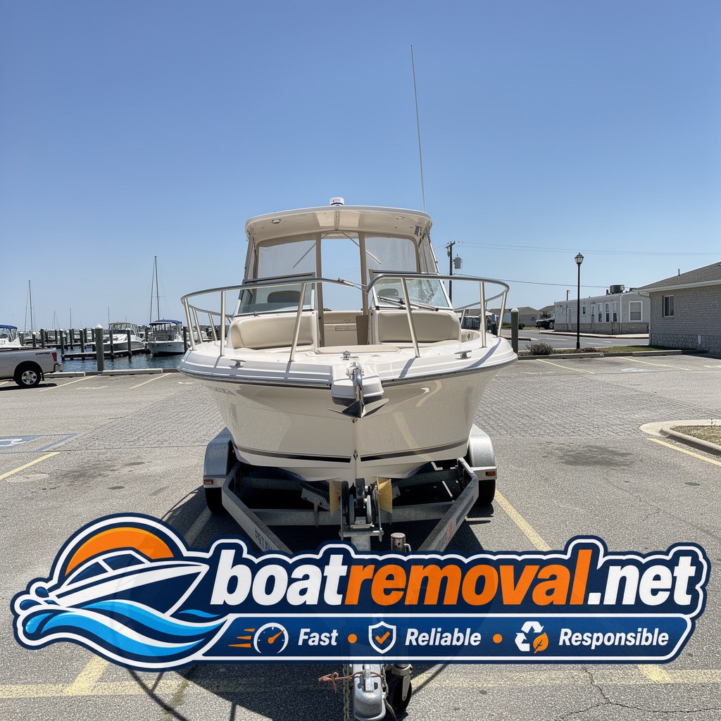 Regal cuddy cabin loaded onto a trailer after removal from a marina in Bethany Beach, Delaware