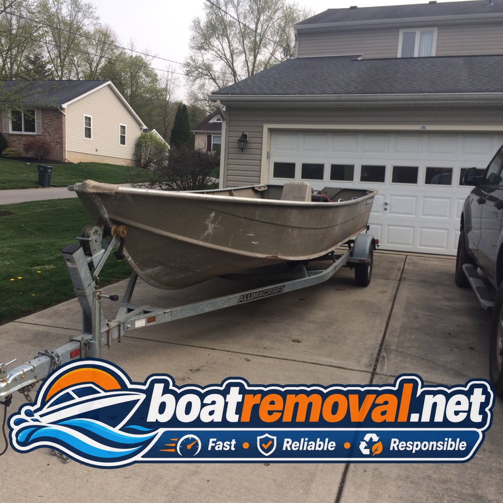boat removal Bethel Park PA, 18 ft Alumacraft fishing boat in driveway