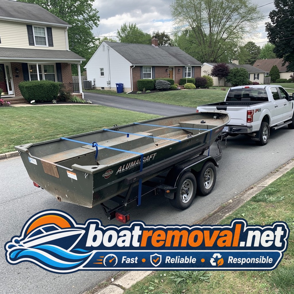 18 ft Alumacraft fishing boat loaded for removal, Bethel Park Pennsylvania