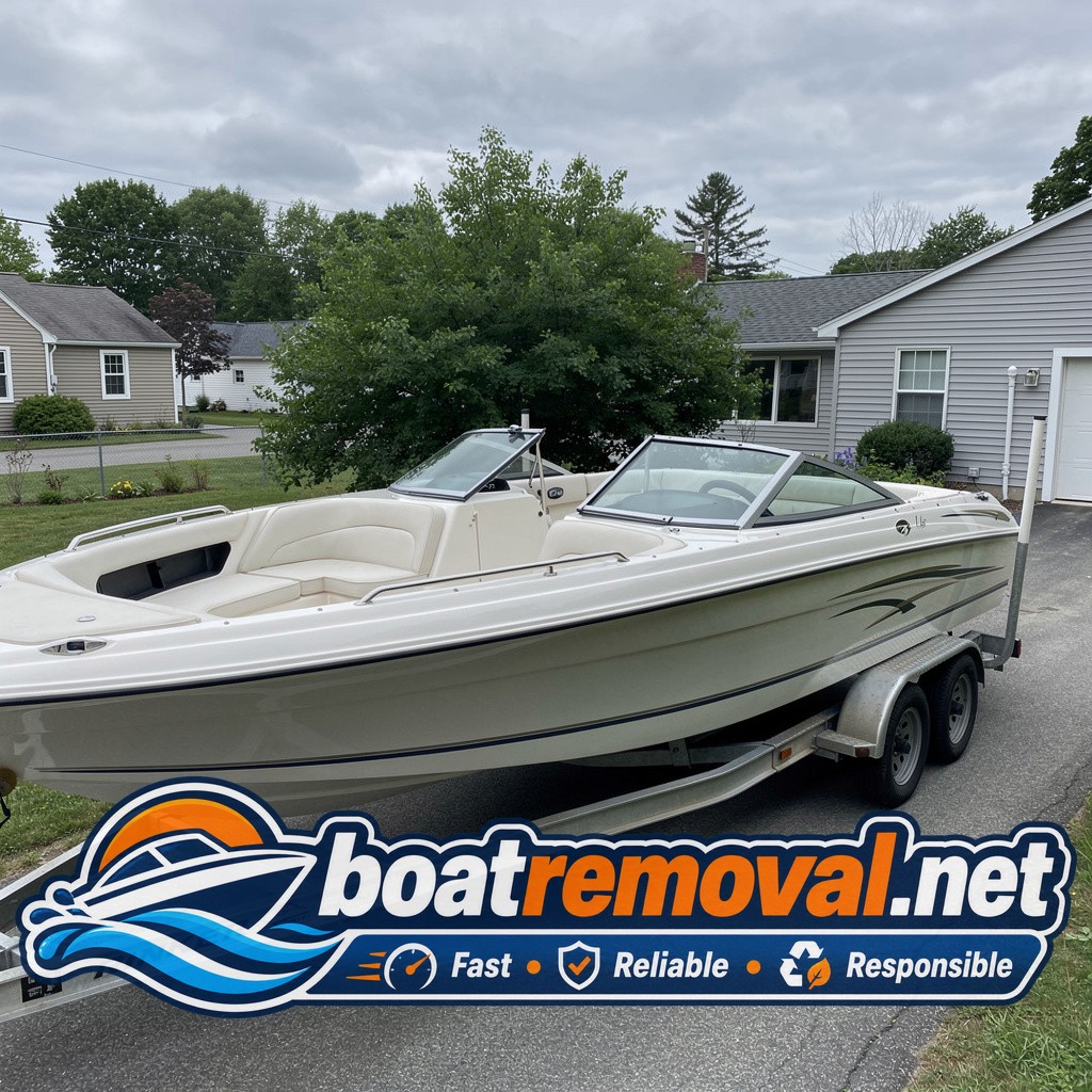 19-foot Rinker bowrider sitting on a trailer outside a house in Biddeford, Maine