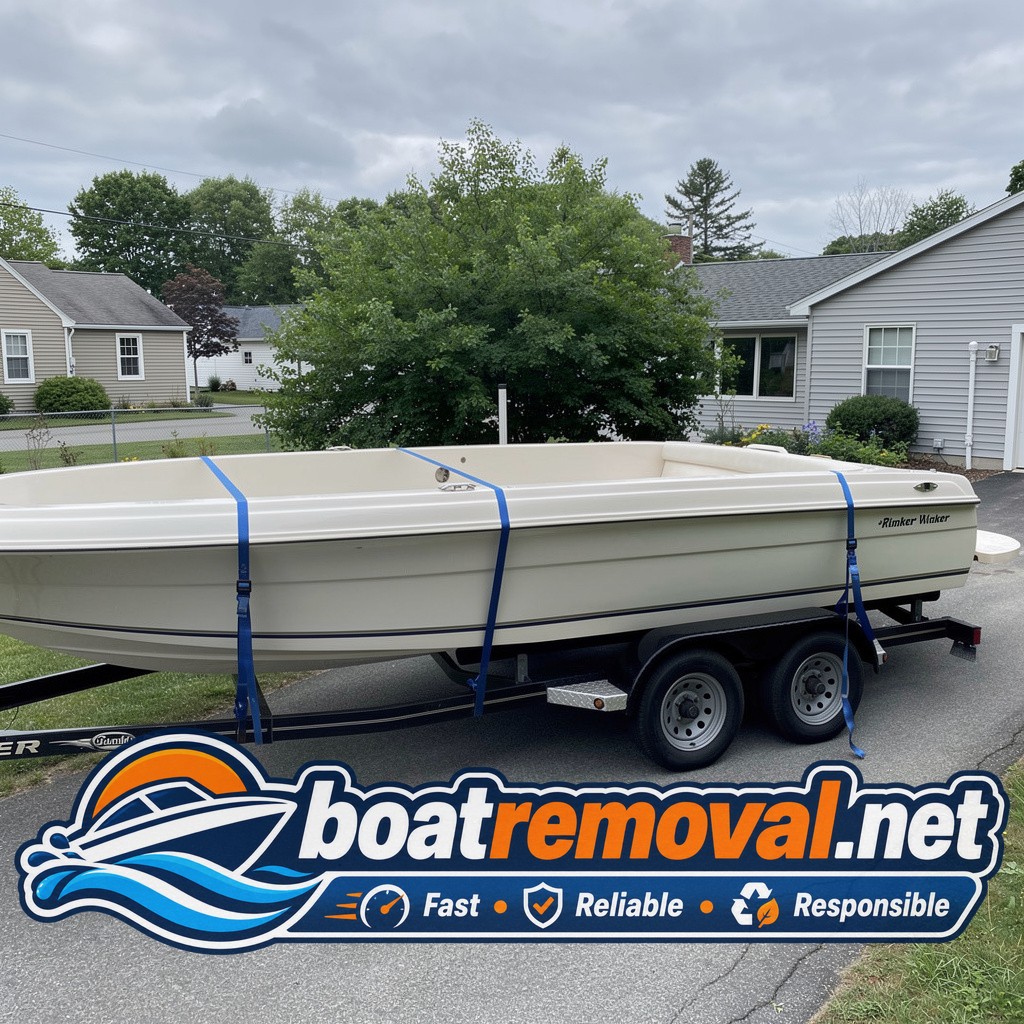 Rinker bowrider loaded onto a trailer after a driveway pickup in Biddeford, Maine