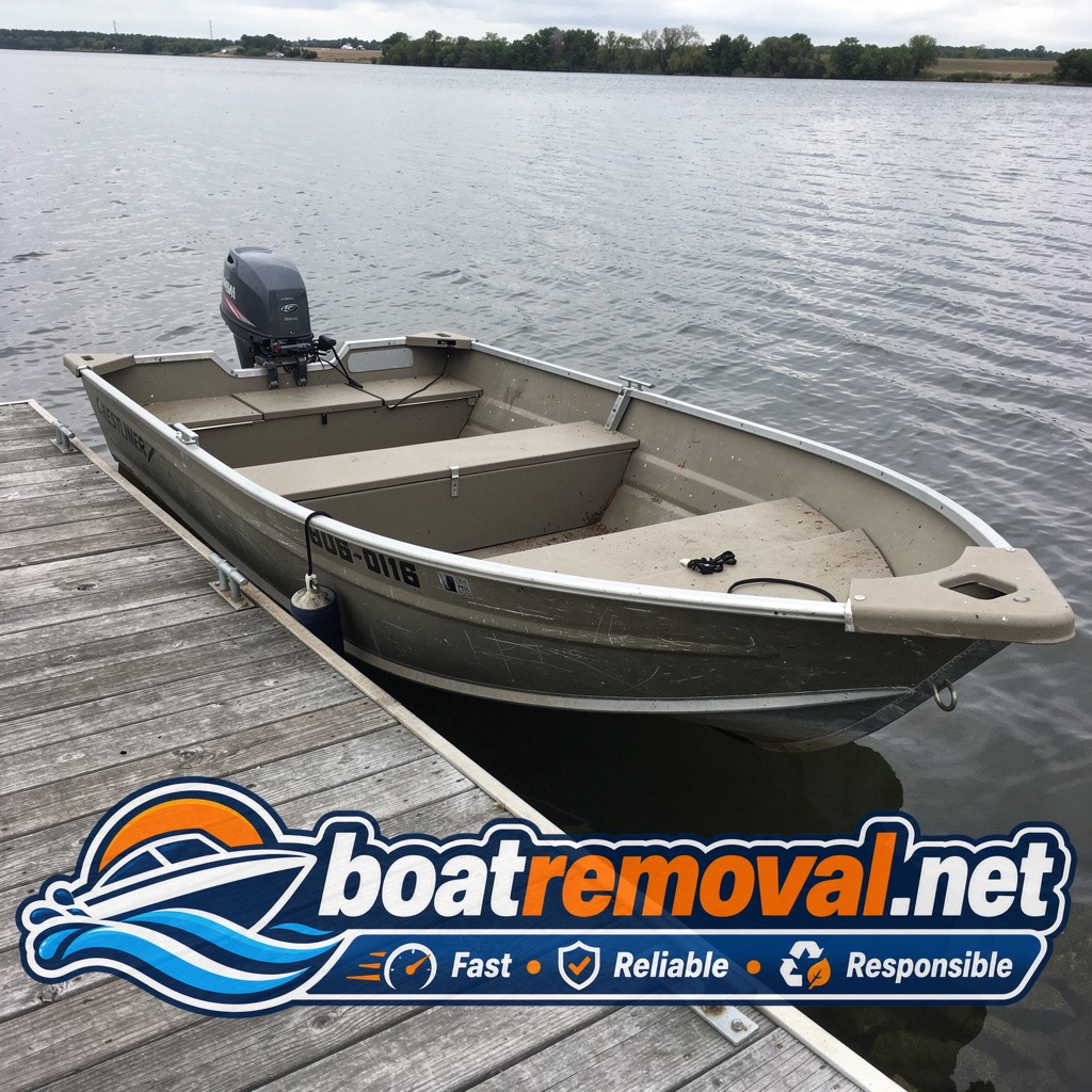boat hauling Big Stone City SD, 20 ft Crestliner aluminum fishing boat at lake dock