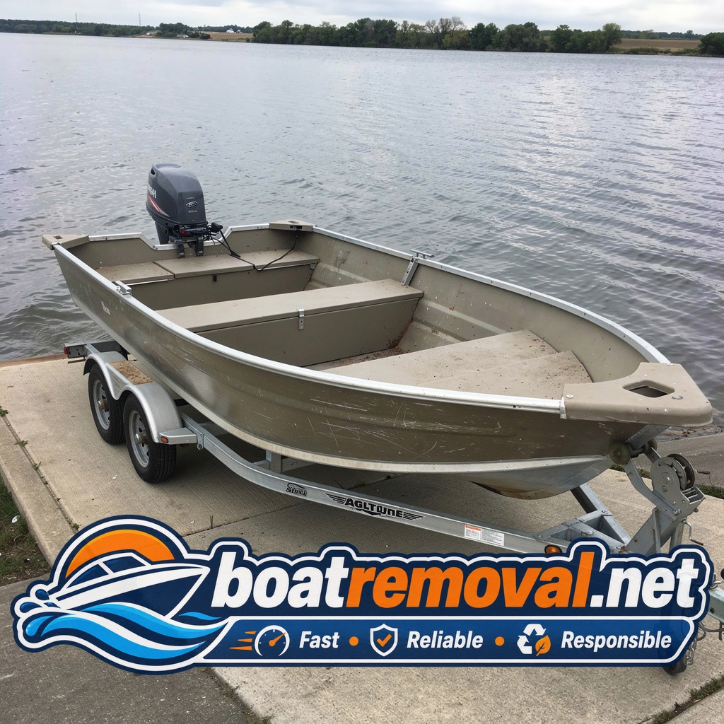 20 ft Crestliner aluminum fishing boat loaded for hauling, Big Stone City South Dakota