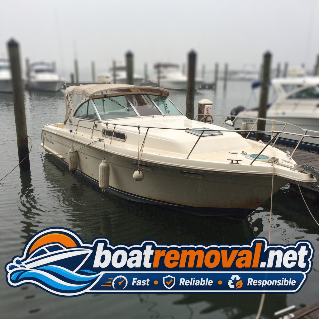36-foot Sea Ray express cruiser sitting in a marina slip in Biloxi, Mississippi before removal