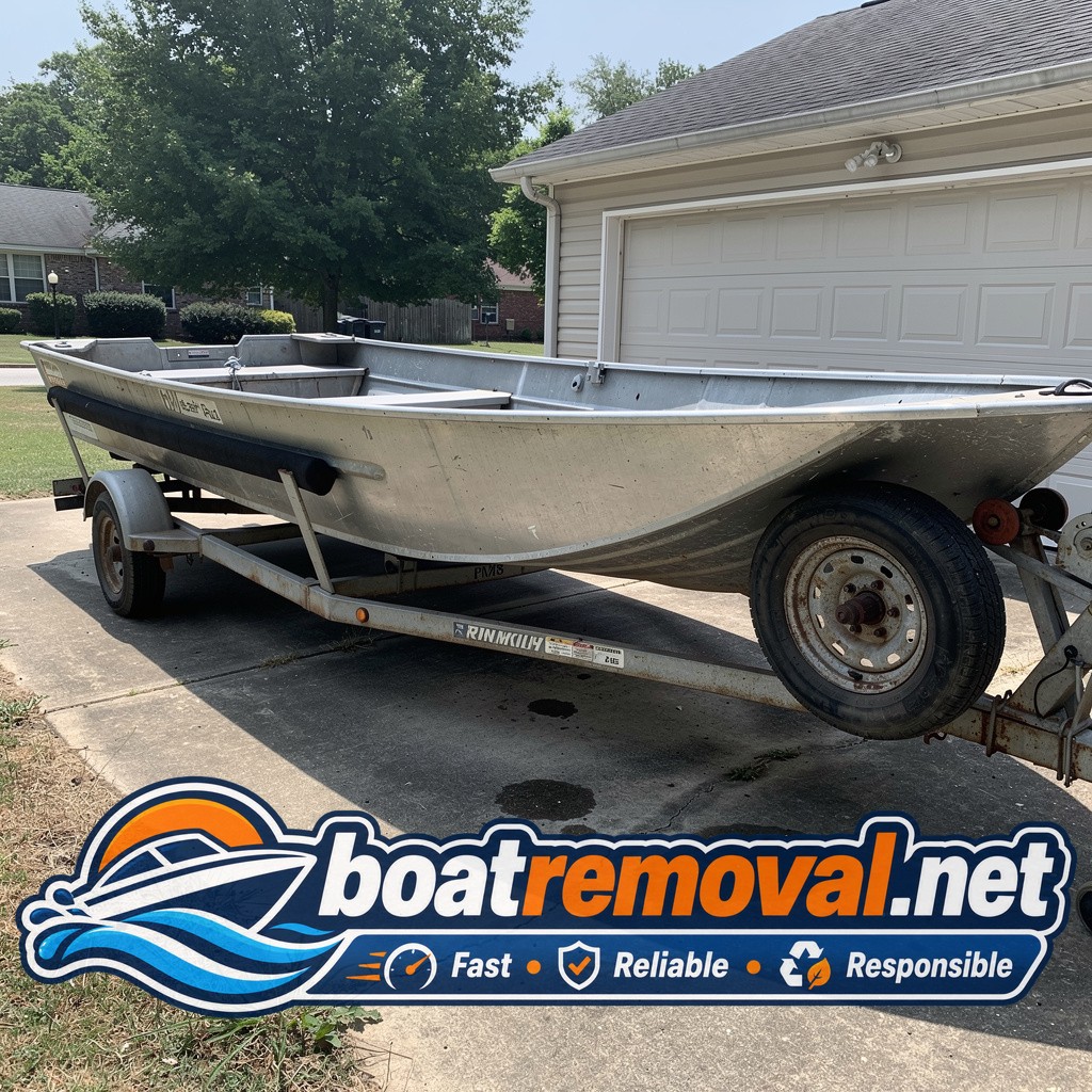 16-foot Lund aluminum fishing boat sitting on a flat-tired trailer beside a garage in Birmingham, Alabama