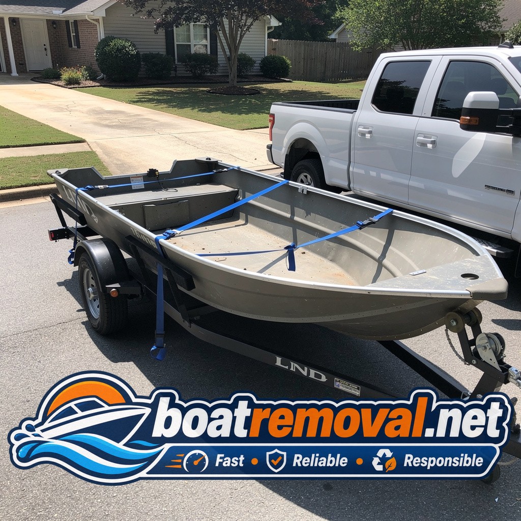 Lund aluminum fishing boat loaded onto a trailer after driveway pickup in Birmingham, Alabama