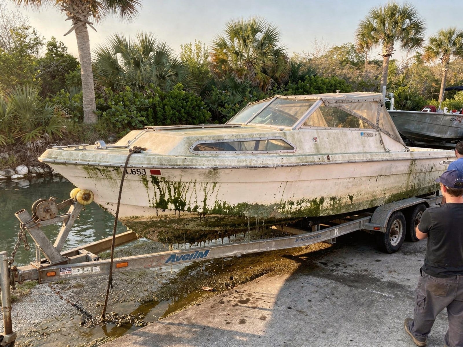 21 ft Thompson 21 pulled out on a trailer at a Bithlo, FL boat ramp