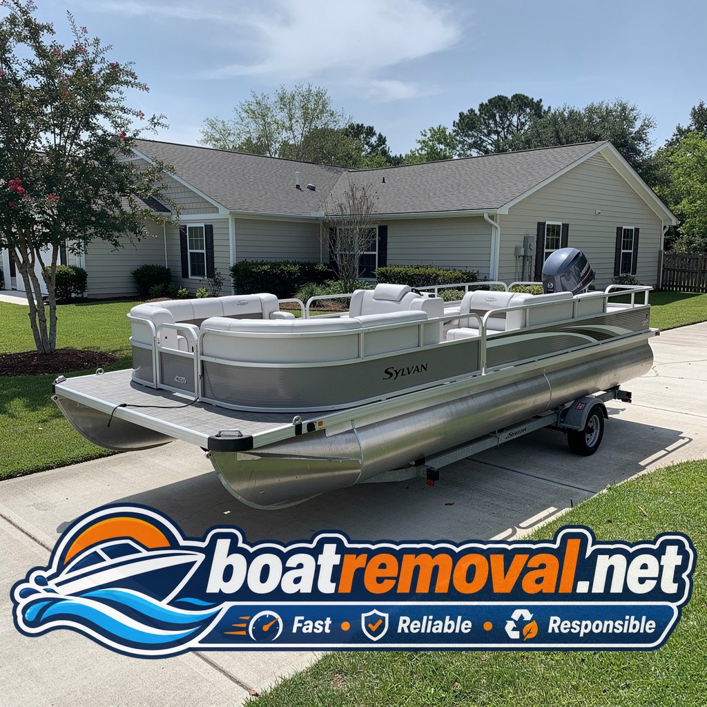 boat removal Bluffton SC, 20 ft Sylvan pontoon in driveway