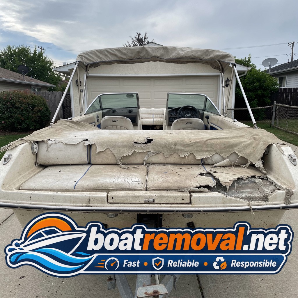 Bowrider boat with weathered upholstery under a torn cover in a driveway