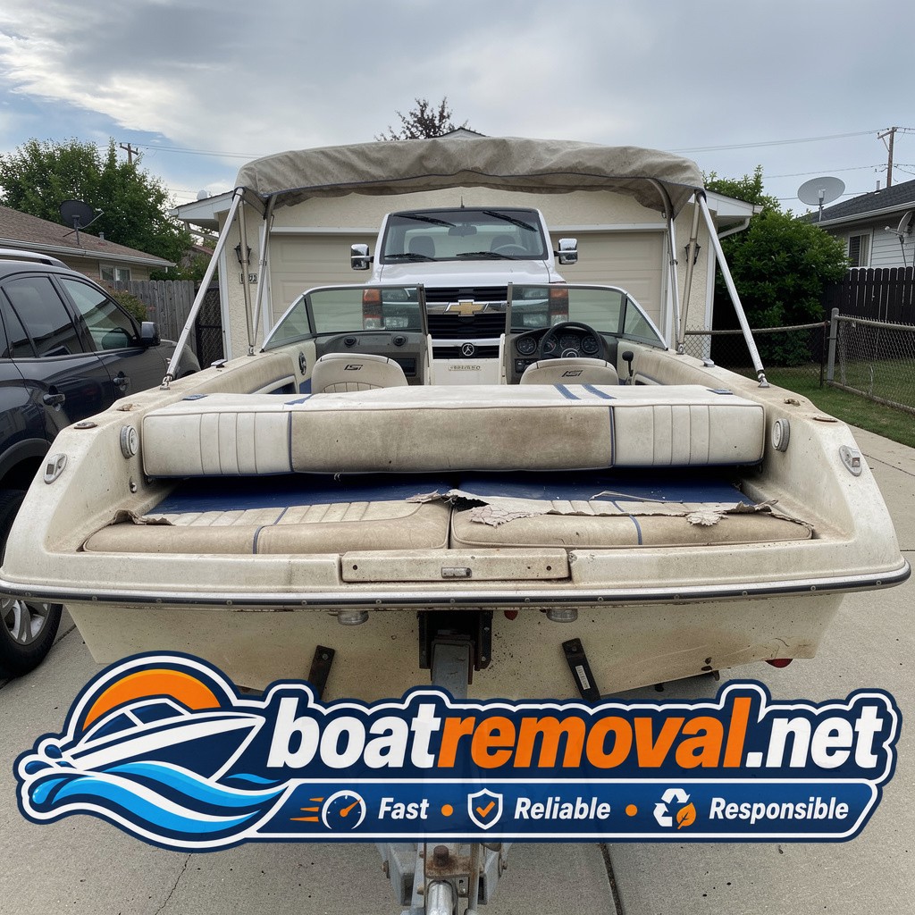 Same bowrider boat loaded onto a trailer with a second vehicle bracing on a steep driveway