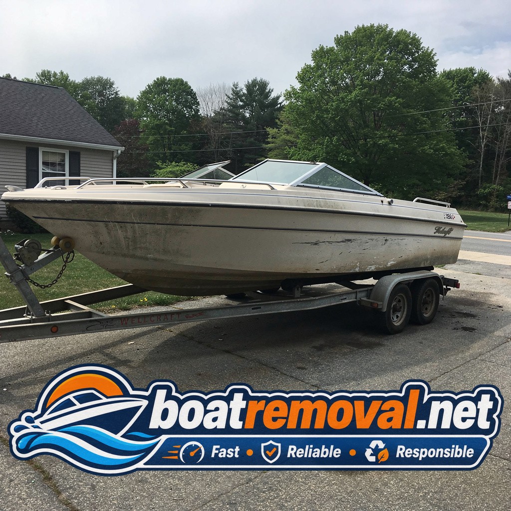 20-foot Wellcraft bowrider on a trailer in a Merrimack, New Hampshire driveway before removal