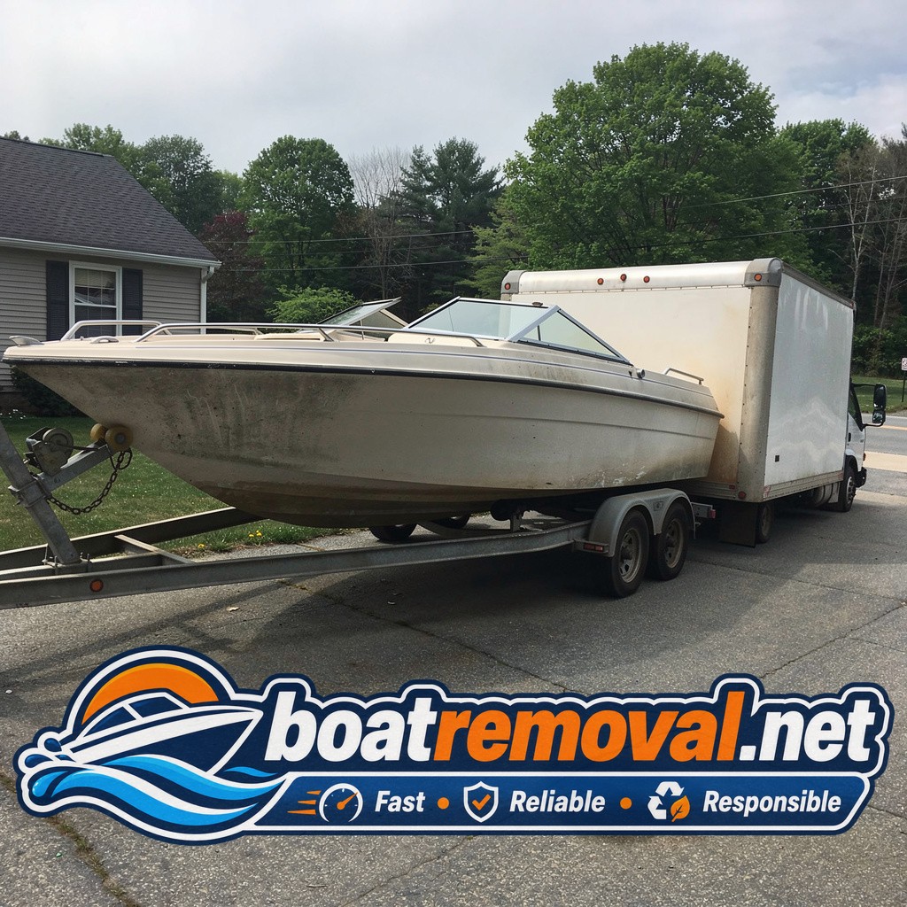 Same Wellcraft bowrider loaded onto the removal truck leaving Merrimack