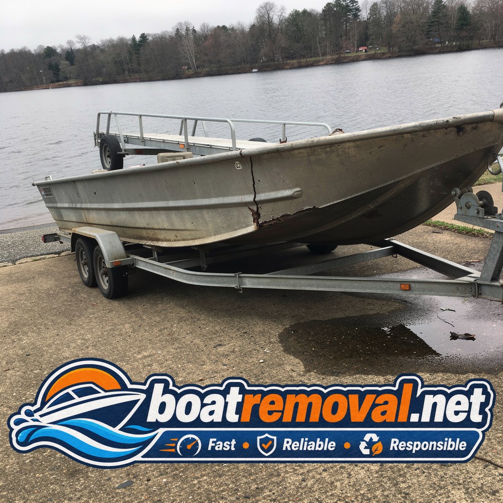 Same aluminum fishing boat loaded onto a trailer after being pulled from a ramp