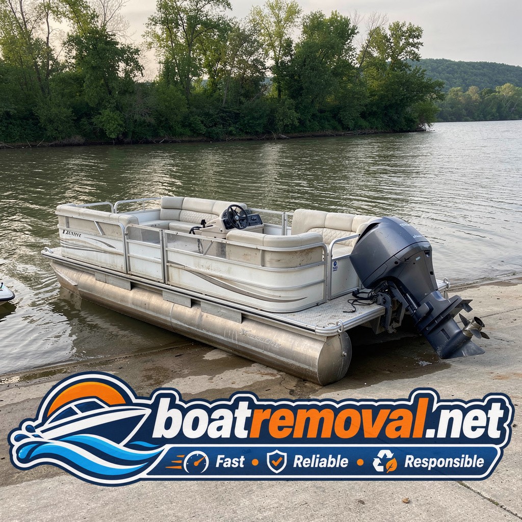 20-foot Sylvan pontoon boat partially sunk at a boat ramp near Murray, Kentucky