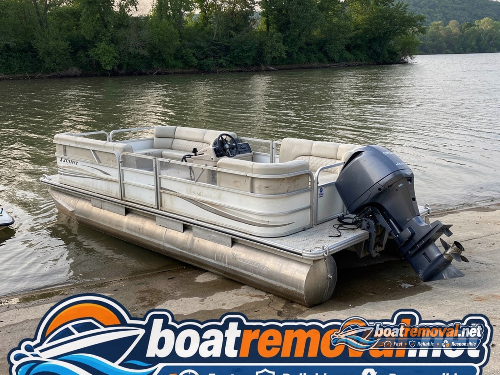 20-foot Sylvan pontoon boat partially sunk at a boat ramp near Murray, Kentucky