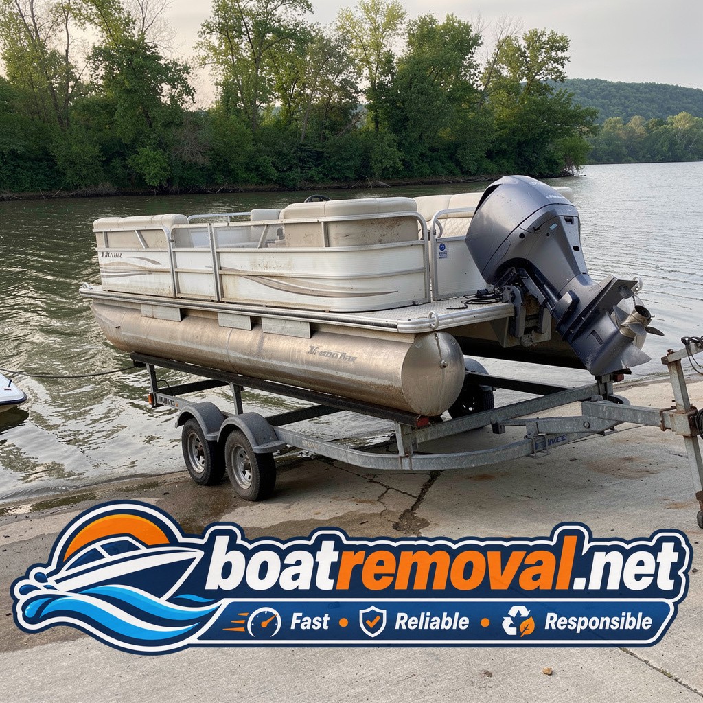Sylvan pontoon boat loaded onto a trailer after being pulled from a ramp near Murray, Kentucky