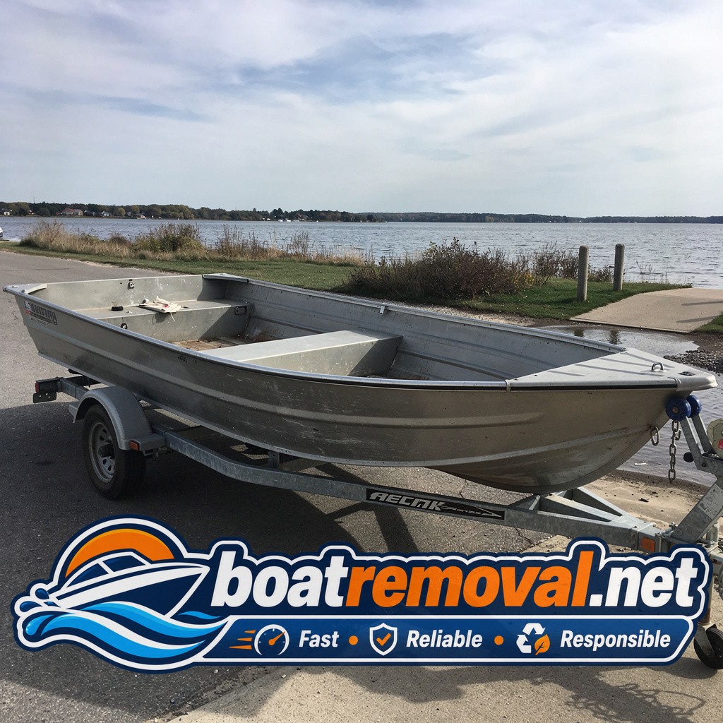 16-foot aluminum fishing boat sitting on a bent trailer near a Saint Joseph lake ramp
