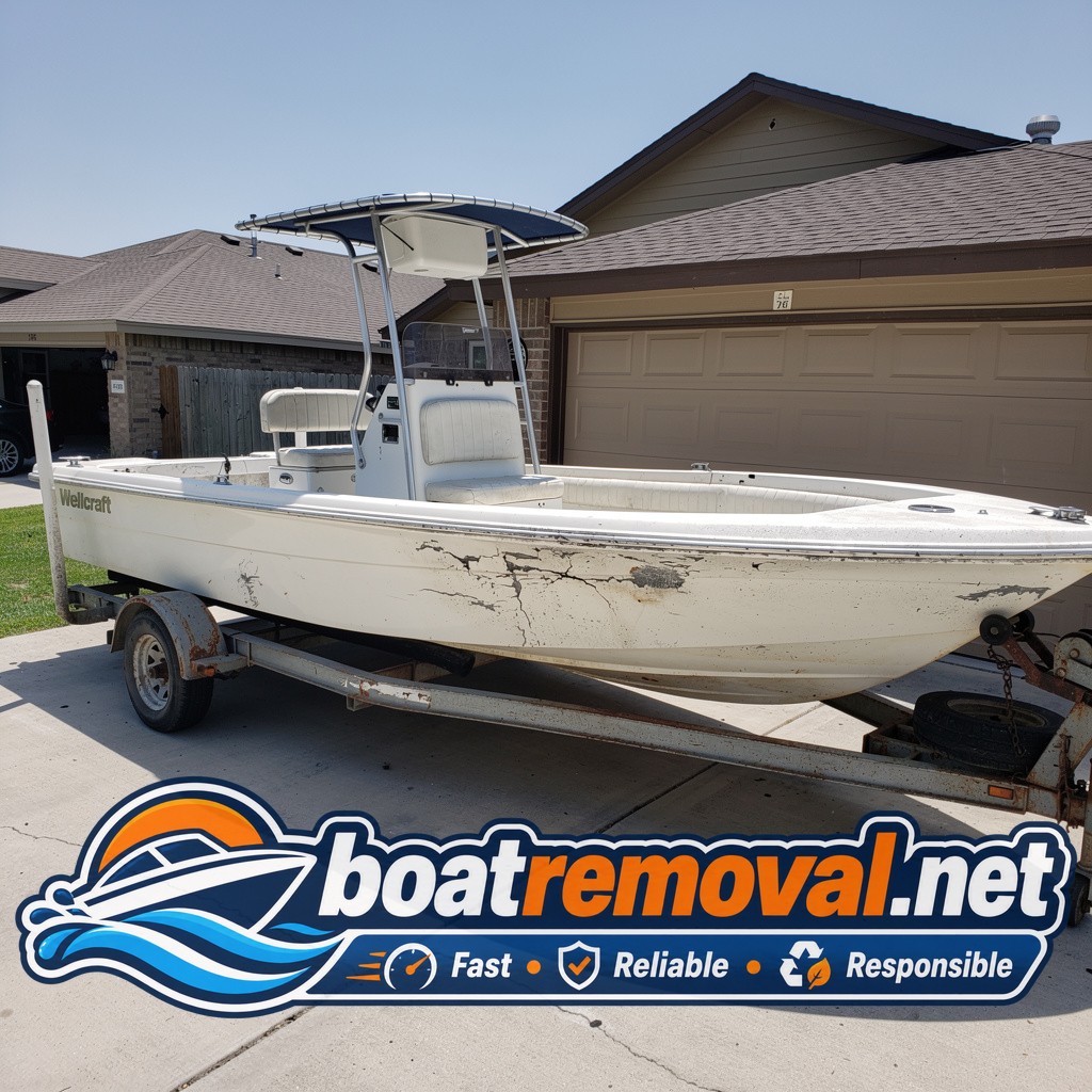 Center console boat with cracked hull sitting on a trailer in a residential driveway