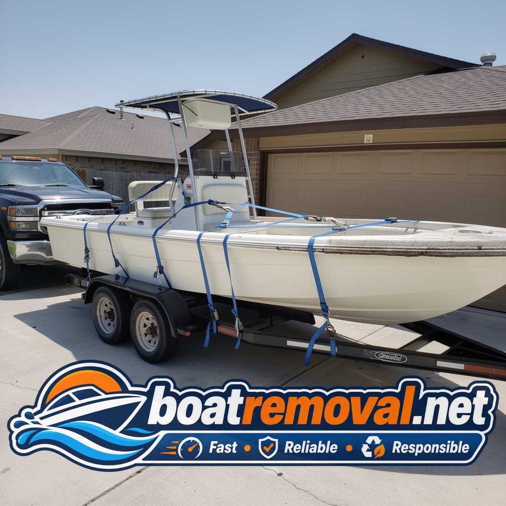 Same cracked-hull center console boat loaded onto a flatbed truck on a driveway