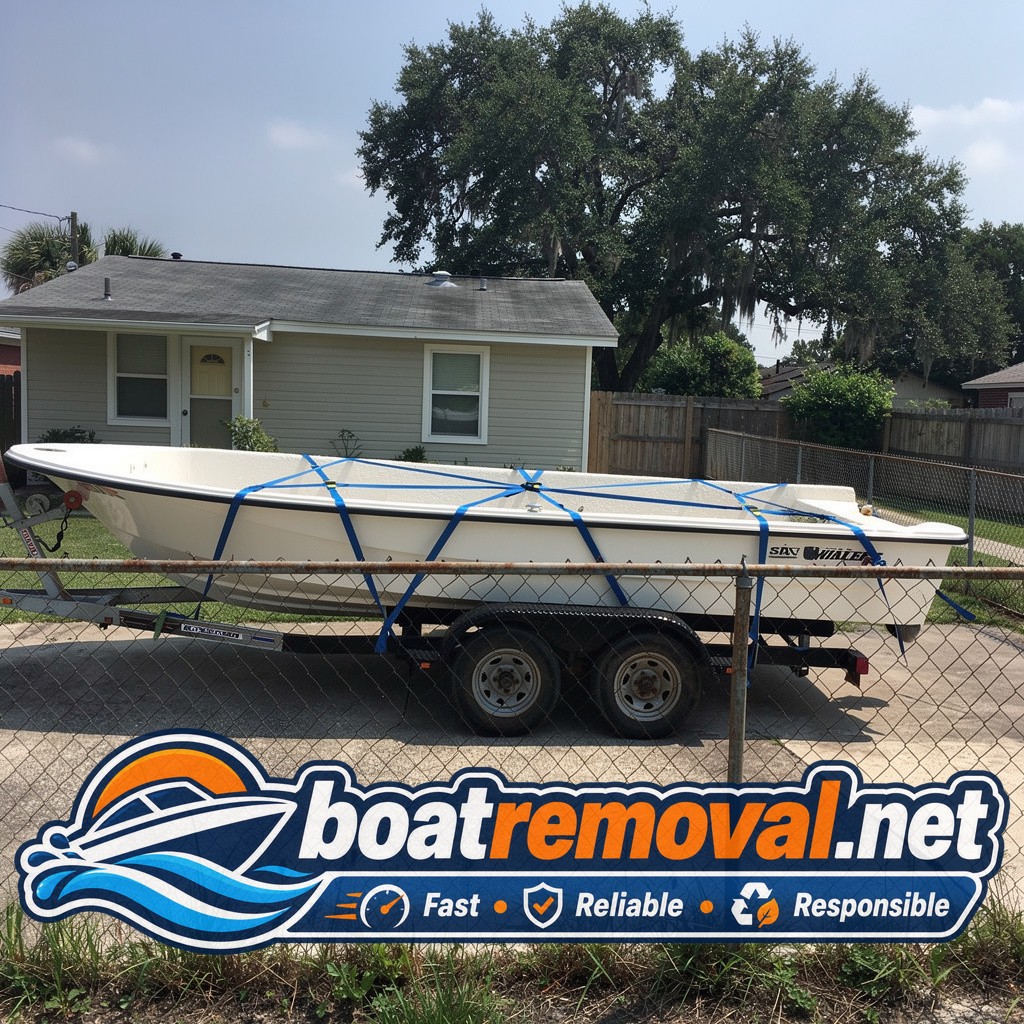 Same Boston Whaler loaded onto the removal trailer leaving the Waveland property