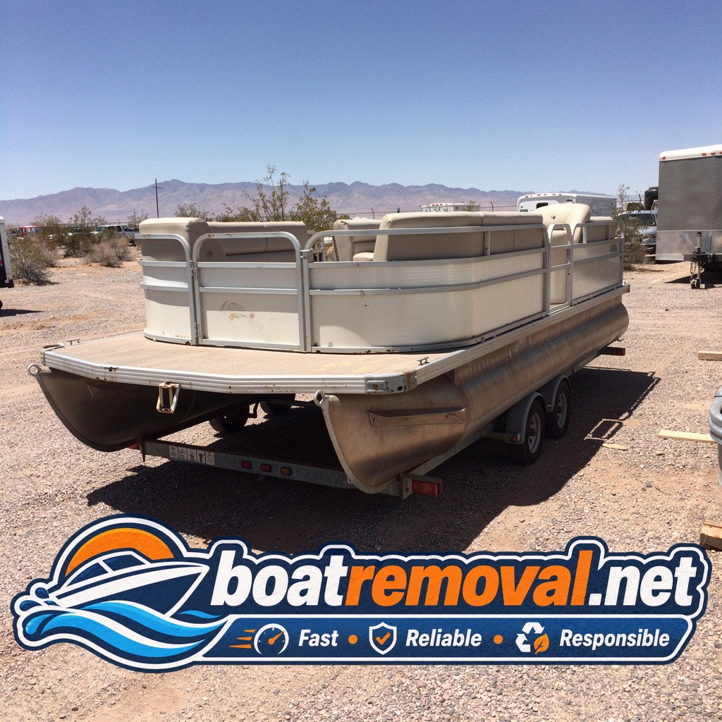 Pontoon boat loaded onto a trailer after removal from a storage lot near Bullhead City, Arizona