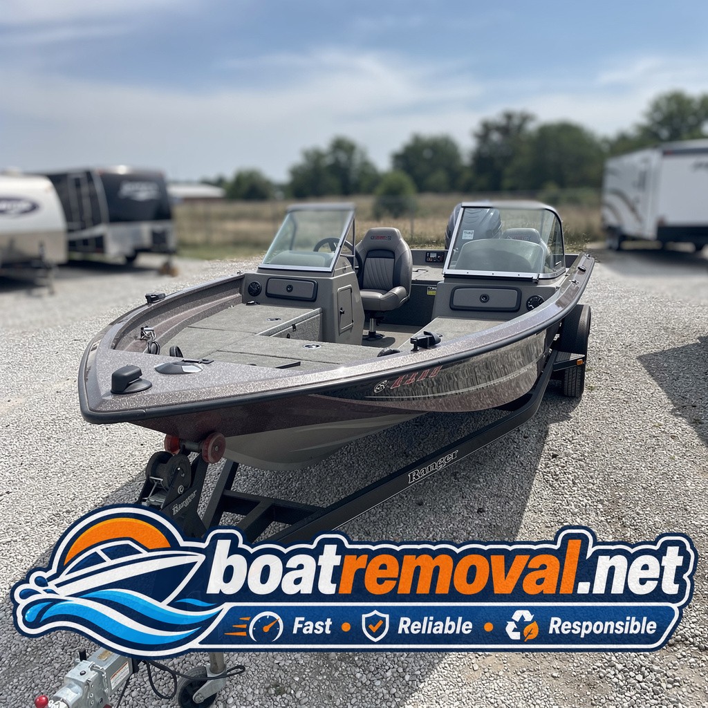 18-foot Ranger bass boat sitting in a storage lot near Olathe, Kansas