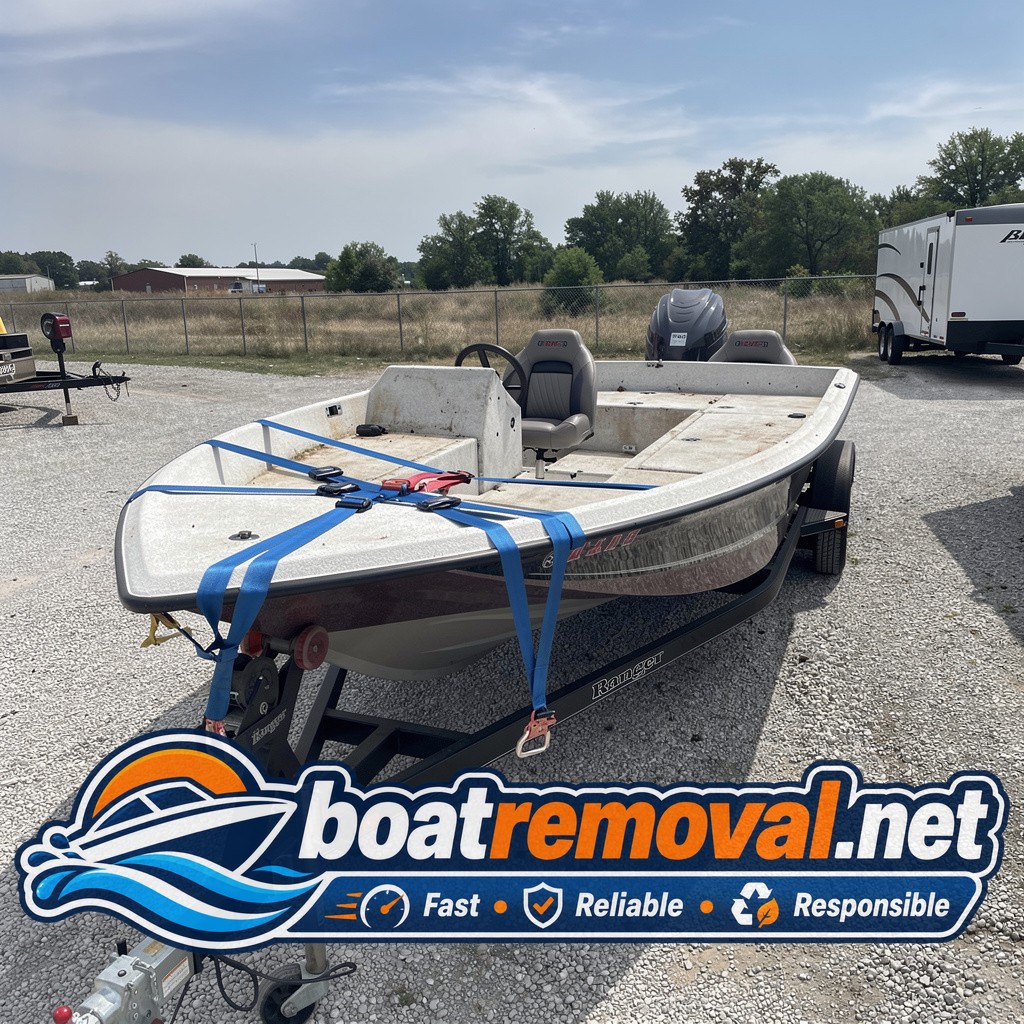 Ranger bass boat loaded onto a trailer after a storage-lot pickup near Olathe, Kansas