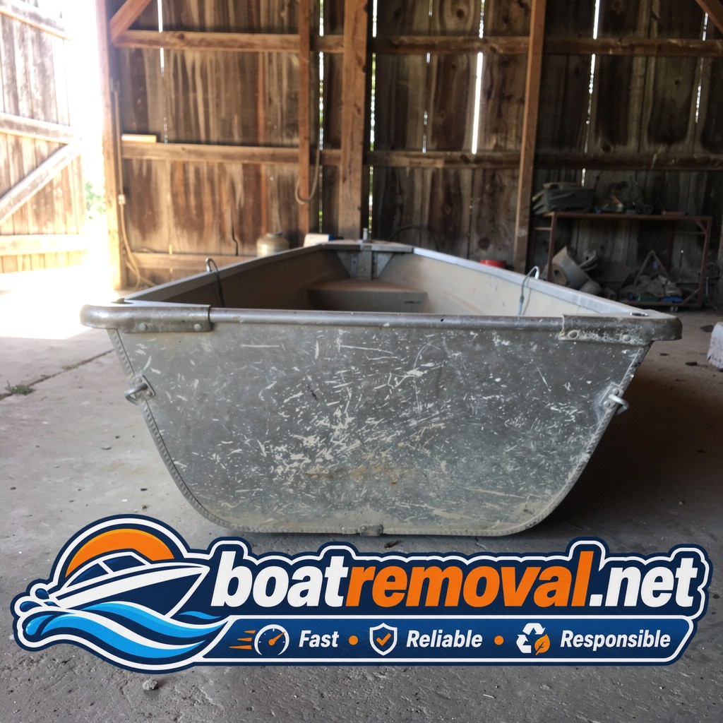 Small dented aluminum jon boat covered in dust inside a barn