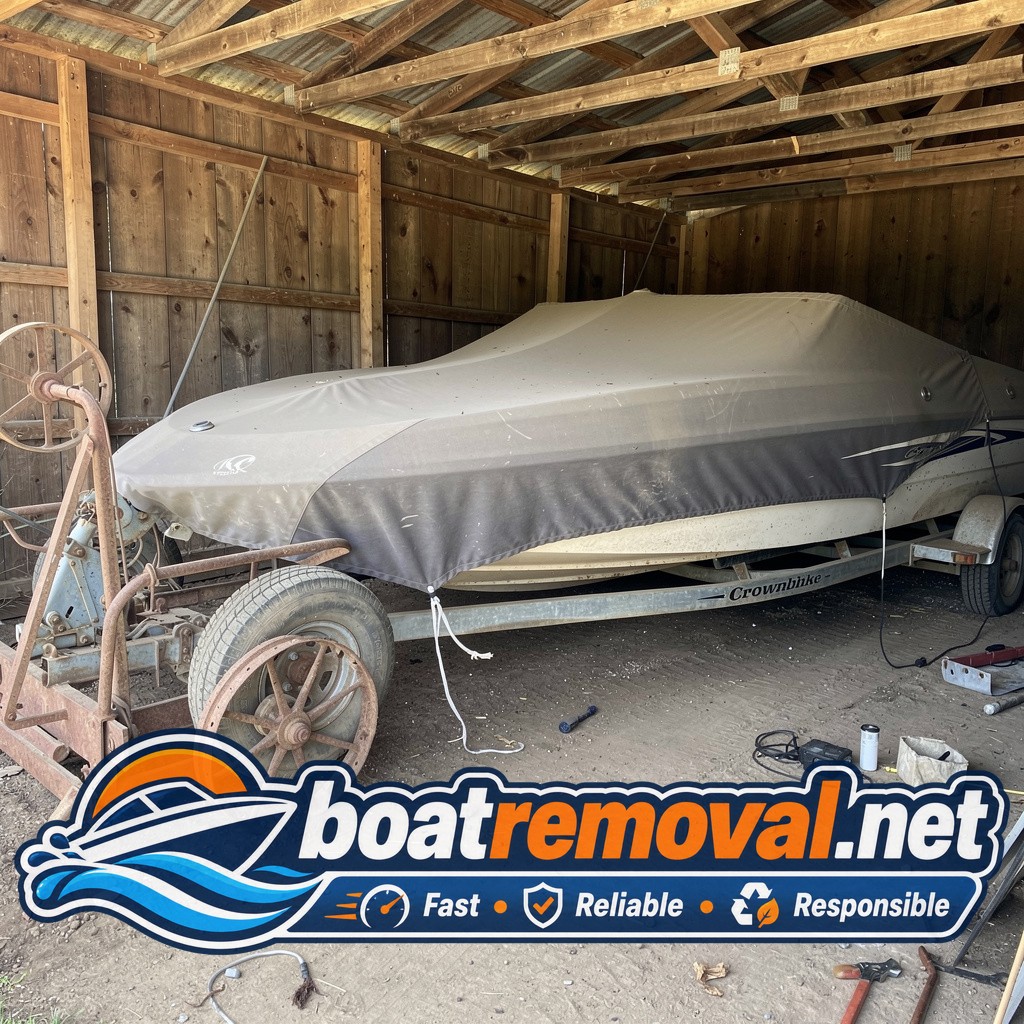 Bowrider boat with a dusty cover parked behind farm equipment inside a barn
