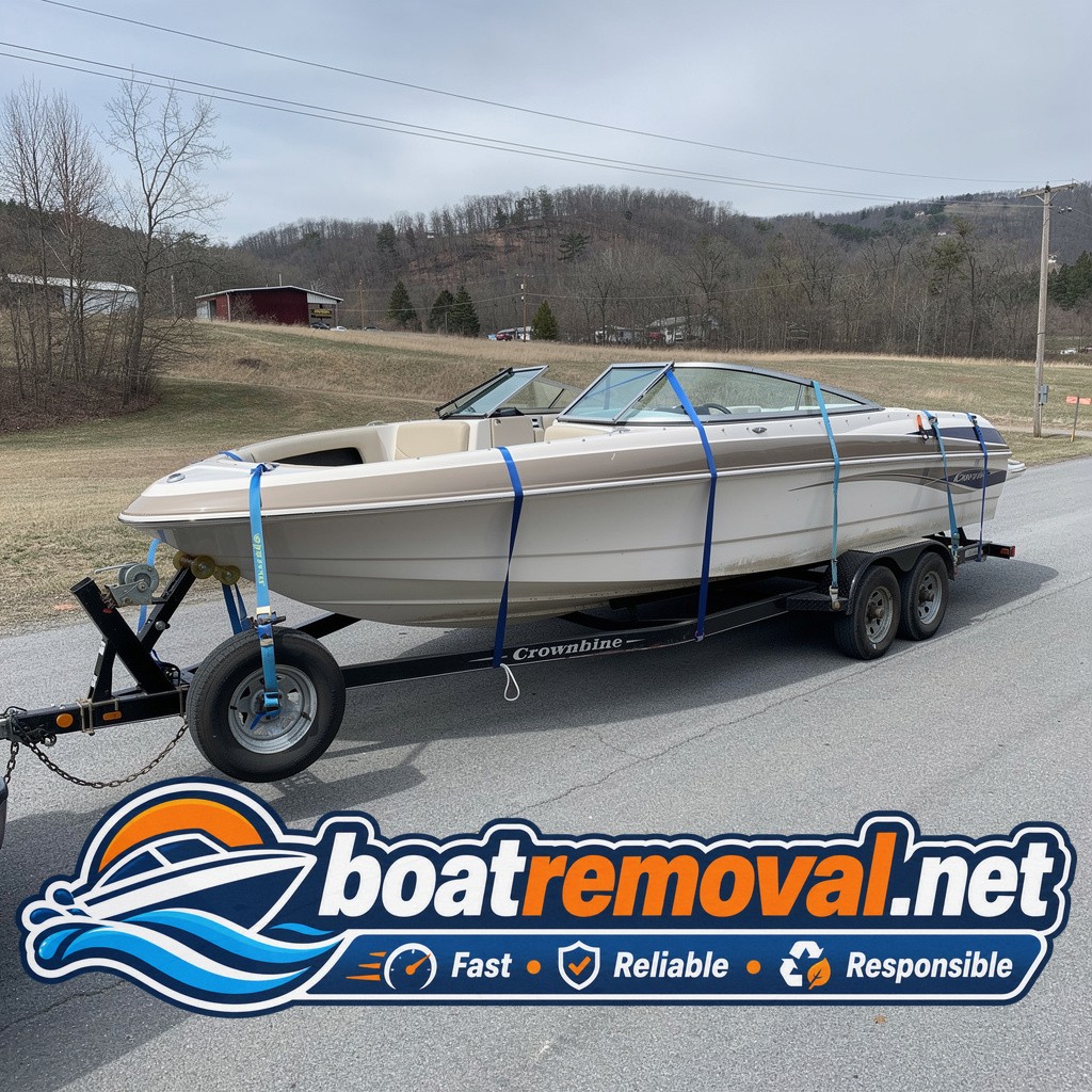 Same bowrider boat loaded onto a trailer outside a barn with farm equipment visible