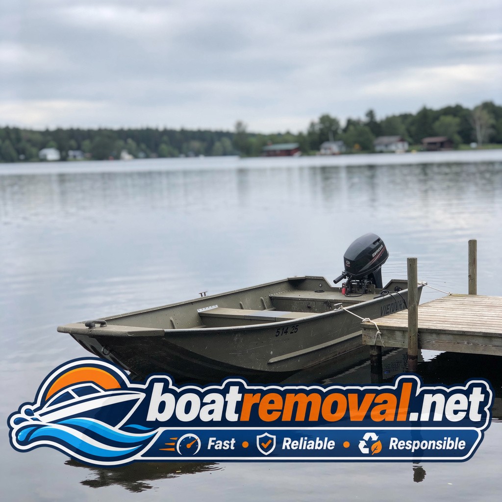 14-foot Lund aluminum fishing boat tied at a dock on Battle Lake, Minnesota before pickup