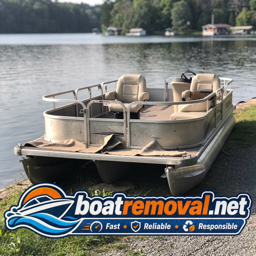 Pontoon boat with sagging deck panels parked near a lake shoreline