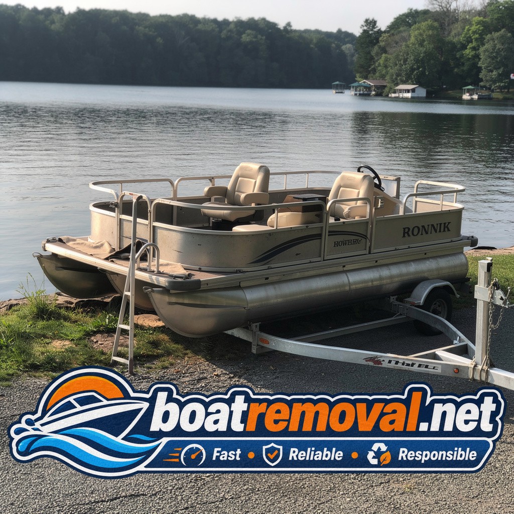 Same pontoon boat loaded onto a trailer near a lake shoreline