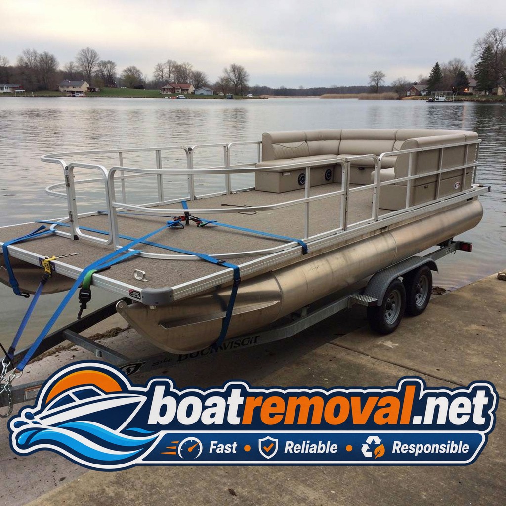 Pontoon boat loaded onto a trailer after being pulled from a ramp near Syracuse, Indiana